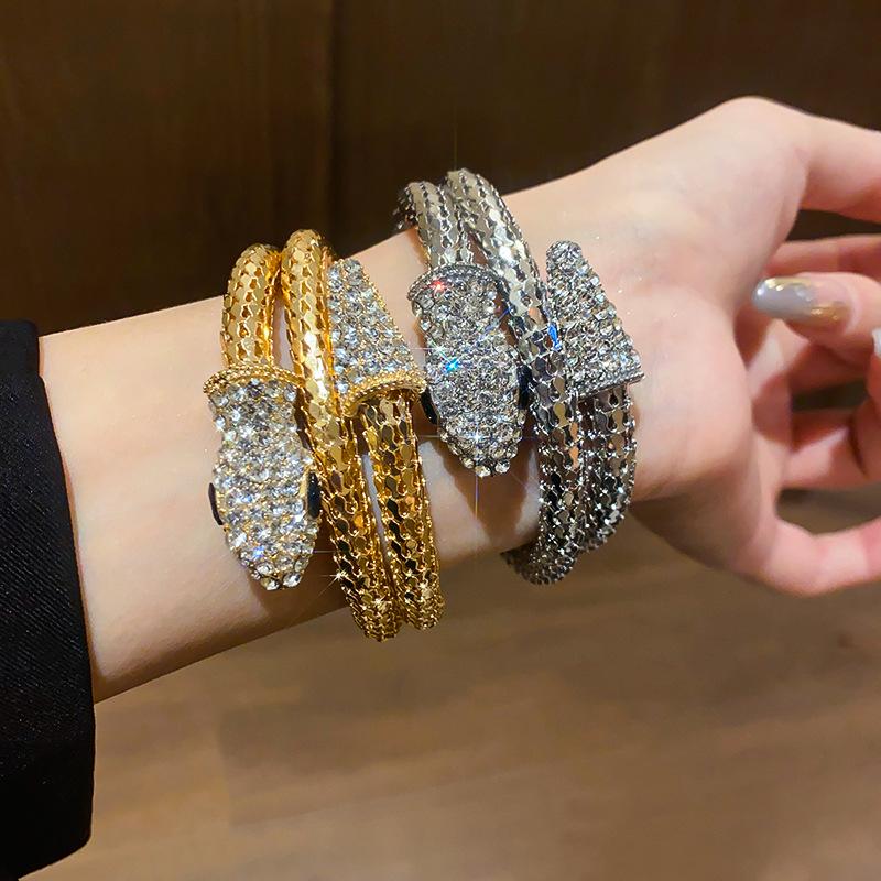 European American Luxury Snake-Inspired Diamond Open Bangle Bracelet for Women