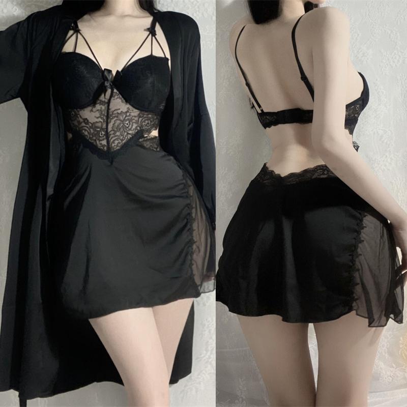 Sexy Spitze 2-teiliges Robe Pyjama Set Rückenfreies Hosenträger Nachthemd Unterwäsche Frühling Sommer Satin Pyjamas Lose Home Wear