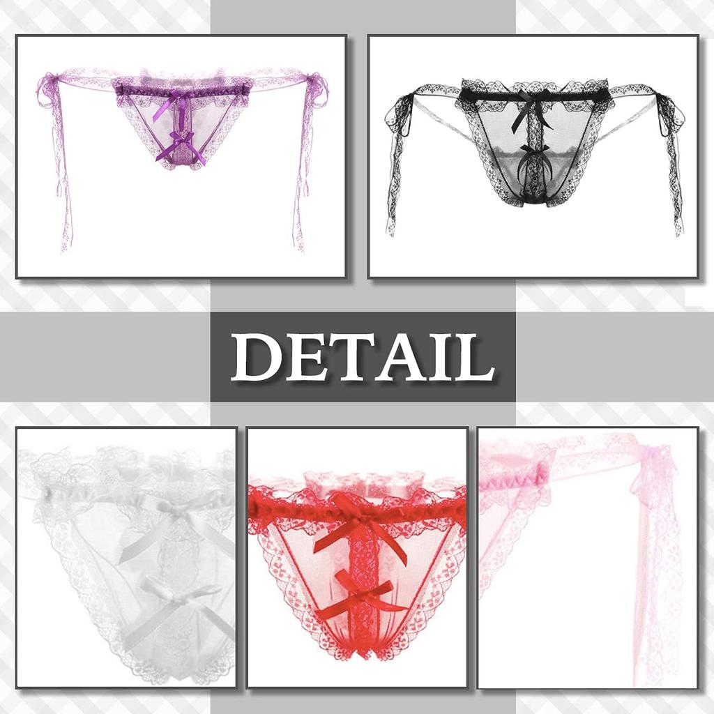 CHROME CRANE Ruffled Sexy Ribbon LW104 Women's See-Through T-Back Panties/Shorts (03.White)