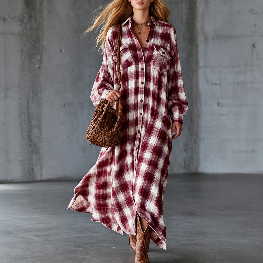 Women's Loose Fit Vintage Plaid Long Sleeve Shirt Dress for Casual Everyday Wear