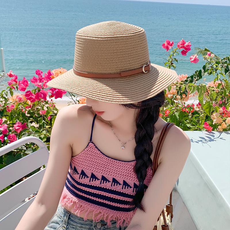 Summer vacation beach sunscreen sunshade flat top straw belt buckle sun hat women
