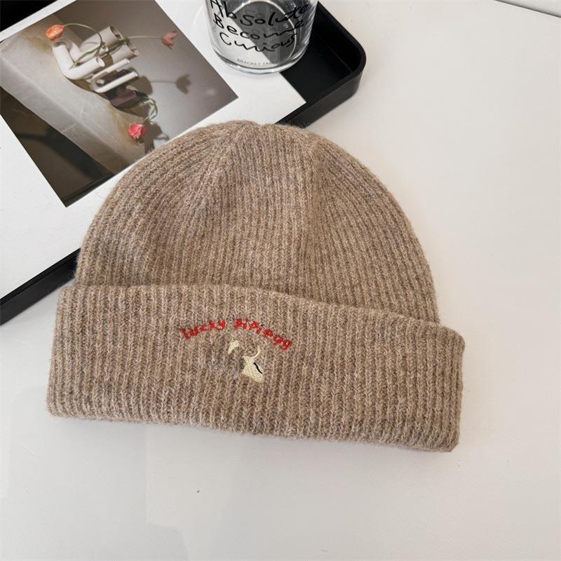 Knitted hat women's ins tide with letters small leather label warm pullover hat autumn and winter thin street ear protection cold hat