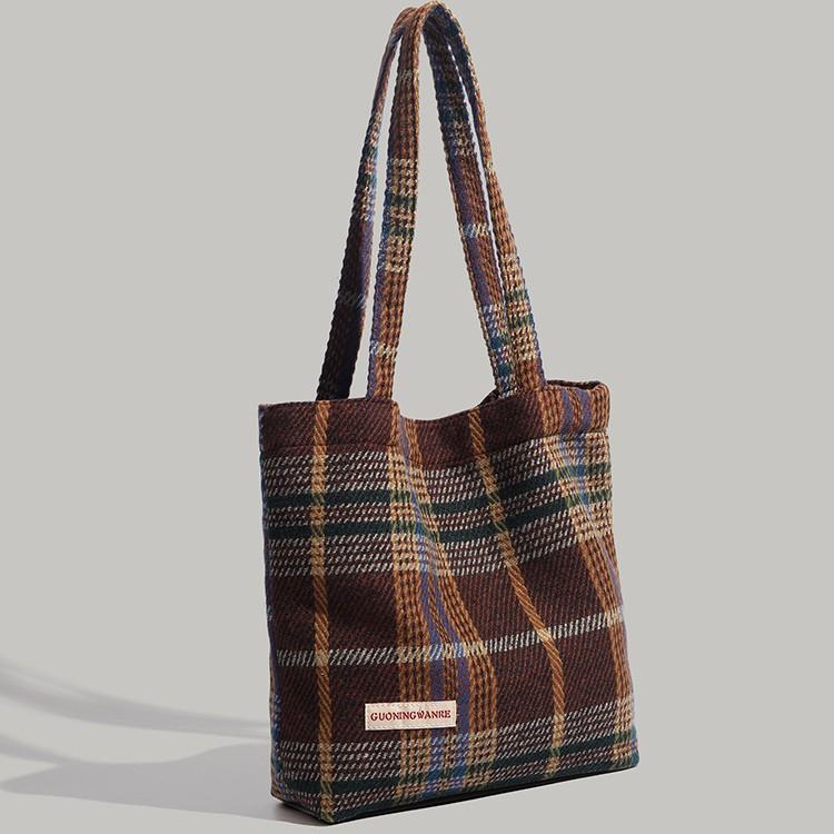 Japanese Retro Plaid Autumn Winter Tote Bag for Girls Students Handbag Korean Version Large Capacity Versatile Shoulder Bag