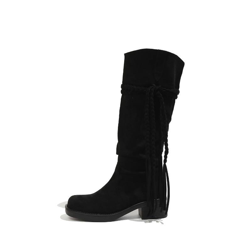 Niche wasteland fringed knight boots women's new thick heel Xinjiang Maillard boots women's tide