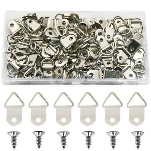 ESJNNK Triangular Hanging Hooks, Set of 100, for Picture Hanging, Bill Hooks, Small Hooks, with Wood Screws and Box (Silver)