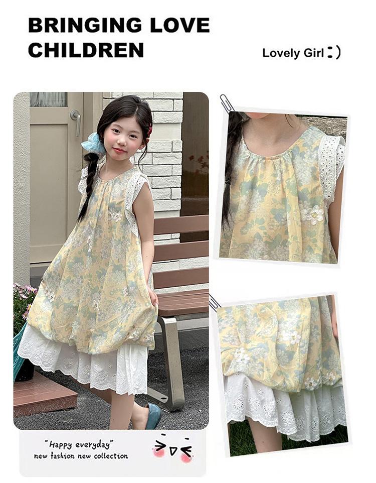 Girls' 2026 new sweet and cute sleeveless floral dress, summer lace patchwork mesh skirt, stylish long skirt