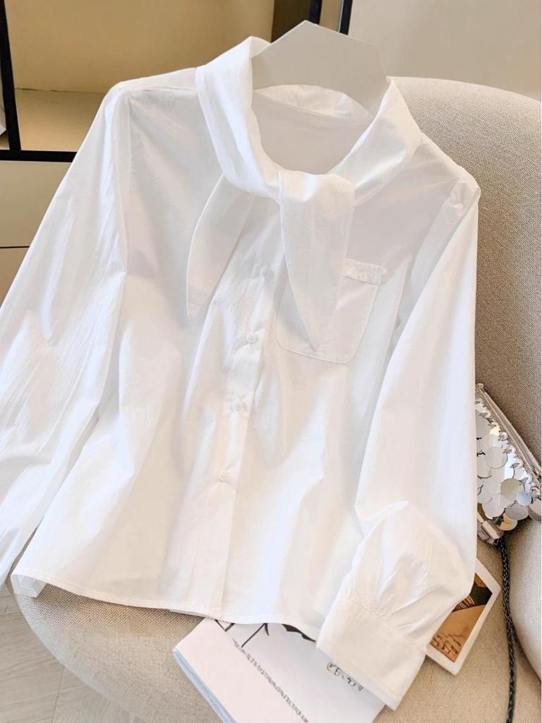 Elegant Women's Long-Sleeve French-Style White Shirt with Flowing Ribbons, 2025 Autumn Collection.