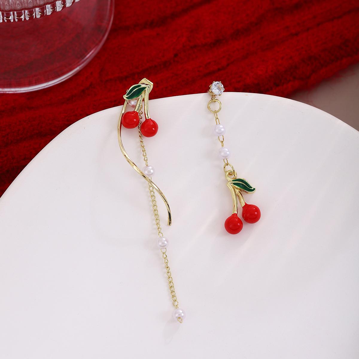 Sweet Cherry Diamond Pearl Fringed Stud Earrings, Light Luxury One Two Long Exquisite Asymmetrical Earrings