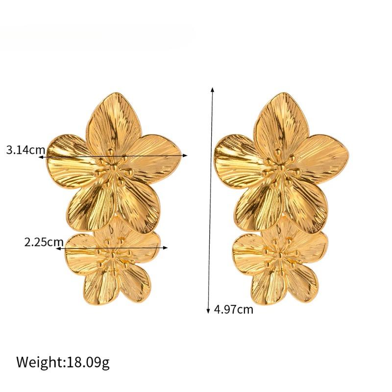 Exaggerated Gold Color Floral Stud Earrings for Women Girls Vintage Metal Two Flower Leaf Earrings Wedding Jewelry Accessories