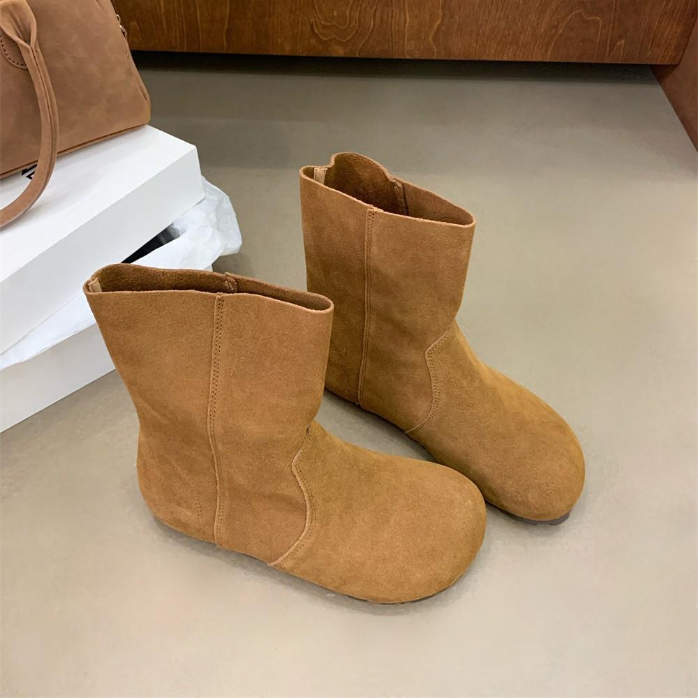 2025 Autumn and Winter New Round Head Leather Matte Thin Casual Thick Bottom Boken Low Tube Women's Short Boots