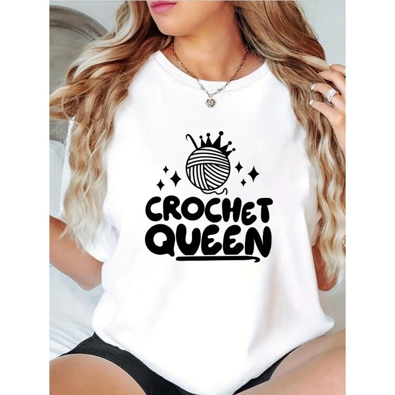 Crochet Queen Printed Round Neck Tshirt Fashionable Casual Loose Comfortable Short Sleeved Cotton Top Womens Wear