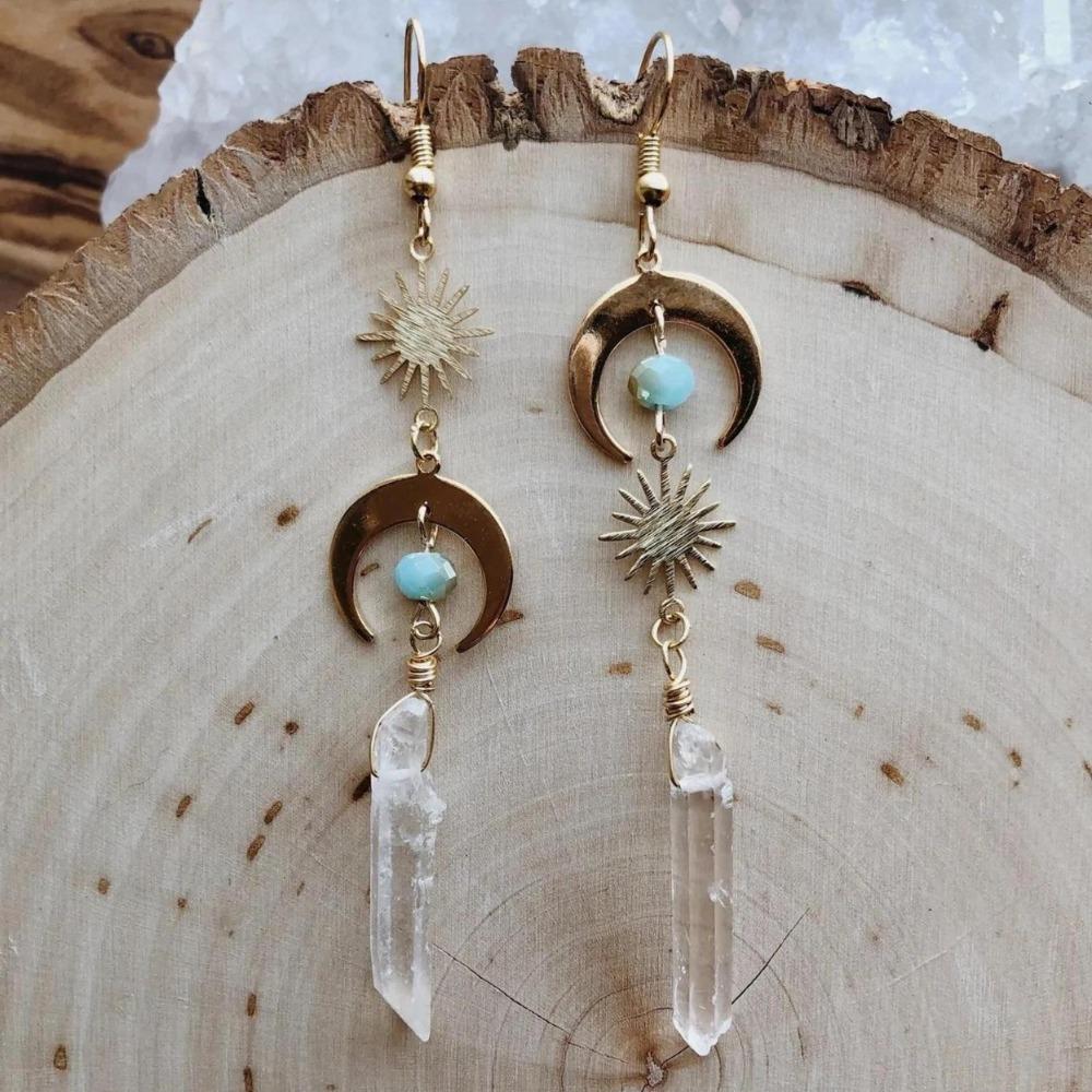 Boho Gold Color Sun Crescent Moon Irregular Transparent Quartz Crystal Column Dangle Earrings for Women Halloween Magic Jewelry