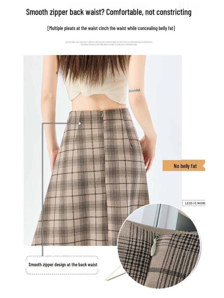 Women's 2026 Spring Retro Plaid High-Waist A-Line Skirt with Elastic Waist and Wide Hem