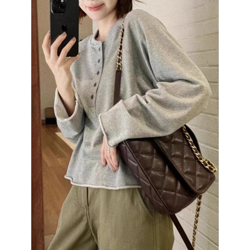 2025 Autumn Korean Lazy Style Grey Long Sleeve Half-Button Women's T-shirt