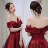 Burgundy Toast Bride 1011 New Satin Dress Women's Shoulder Fugitive Princess Evening Dress Wedding