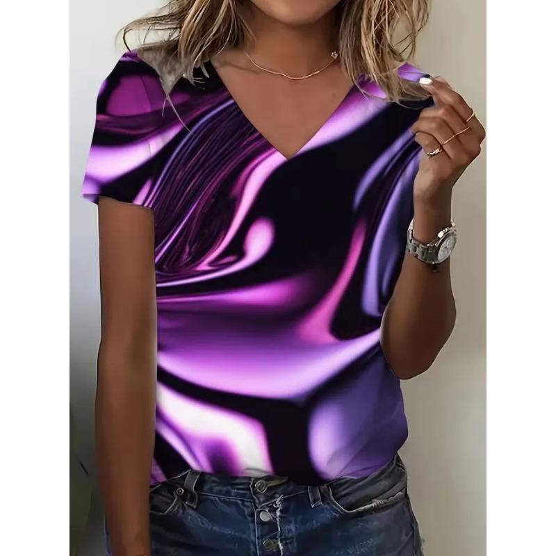 Summer Women's 3D Printed V-Neck T-Shirt Fashion Versatile Breathable Trend Casual