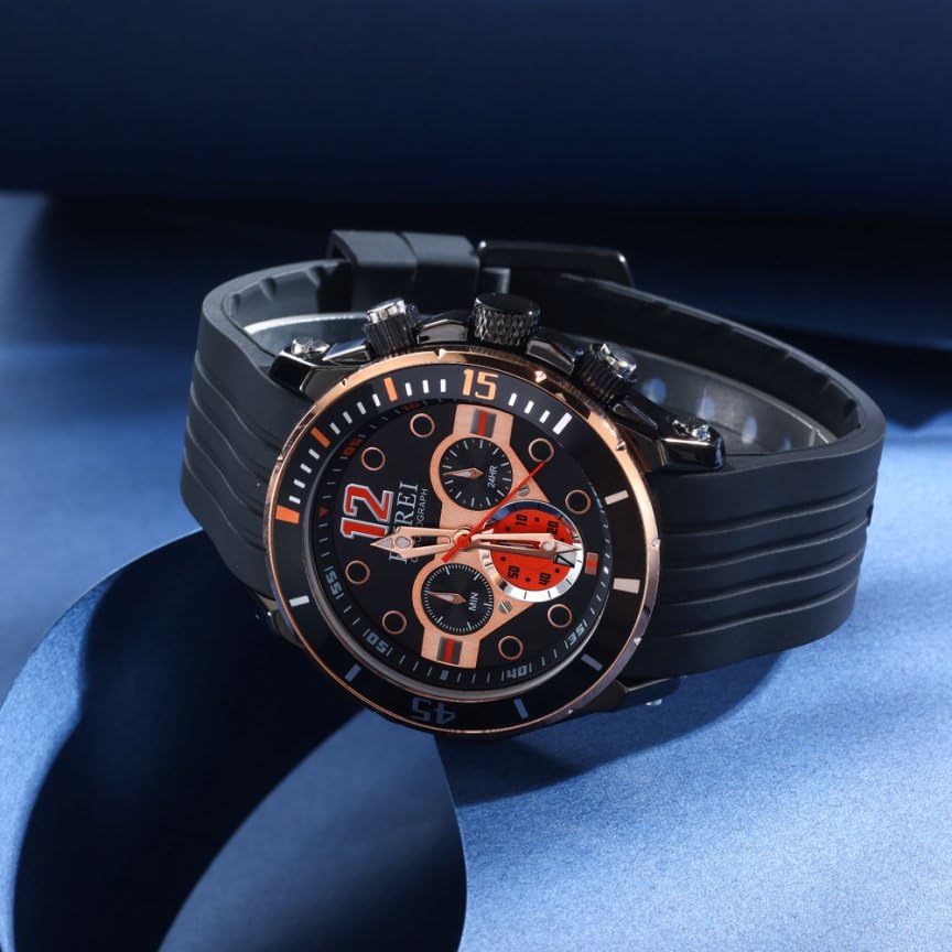 [BUREI] Men's Chronograph Analog Waterproof Quartz Watch with Black Urethane Belt, Date, Gold, Men's Selection, Gift