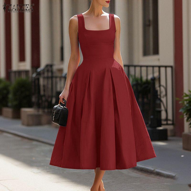 ZANZEA Women Casual Square Collar Summer Sleeveless Dress