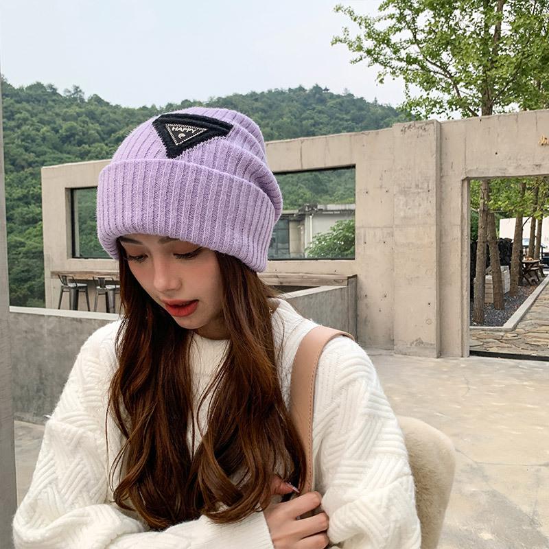 Triangle standard embroidered knitted hat men's and women's casual big head circumference wool hat autumn and winter warm face small hat
