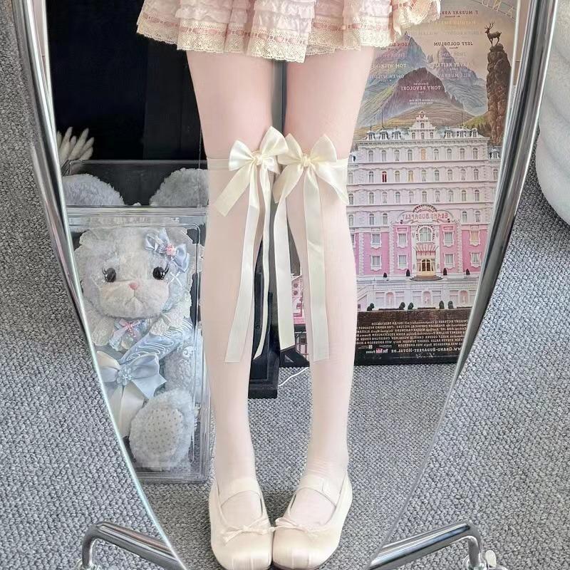 Women's Summer Thin Velvet Bowknot Ribbon JK Thigh High Stockings Sweet Lolita Princess Style Solid Color Sheer Overknee Socks