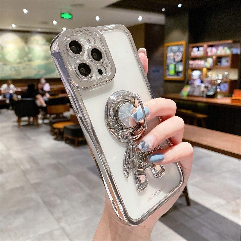 Luxury Plating Soft Silicone Astronaut Bracket Phone Case For iPhone 13 12 11 Pro Max X XR XS Max 14 Plus Ring Holder Back Cover