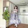 Sweet and Cool Butterfly Flower Smudge Double-layer Irregular Pendulum Rose Pinch Pleated Waist Suspender Skirt Dreamy Smart Purple