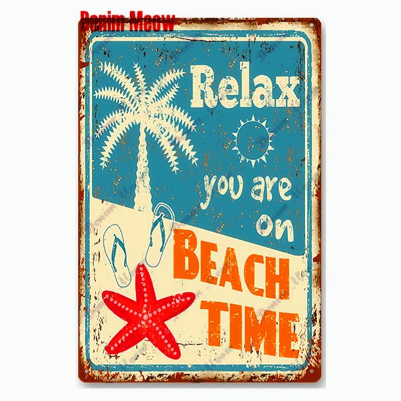 Vintage Beach Time Metal Sign Summer Party Place Plates Relax Surfing Metal Wall Sign Pub Shed Sign Happy Place Decor WY