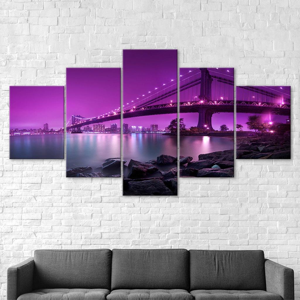 Purple Dawn Modern City Bridge Landscape 5 Piece Five Panel Wall Canvas Print Modern Art Poster Picture Home Decor Gift For Him For Her