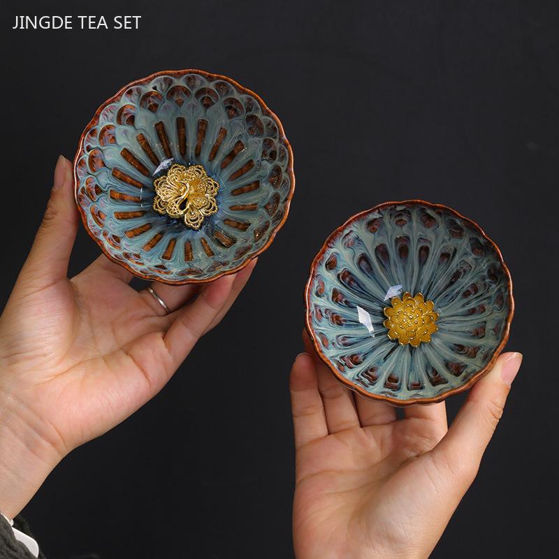 100Ml Exquisite Kiln Change Gold Lotus Tea Cup Ceramic Home Master Cup Handmade Beauty Small Tea Bowl Zen Tea Set Accessories