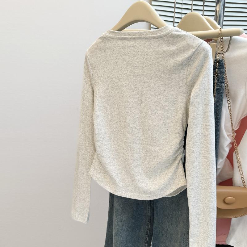 Real Shot Sweet Spice Girl Pleated Waist Embroidered Long-sleeved T-shirt Women's Season Slim-fitting Bottoming Shirt