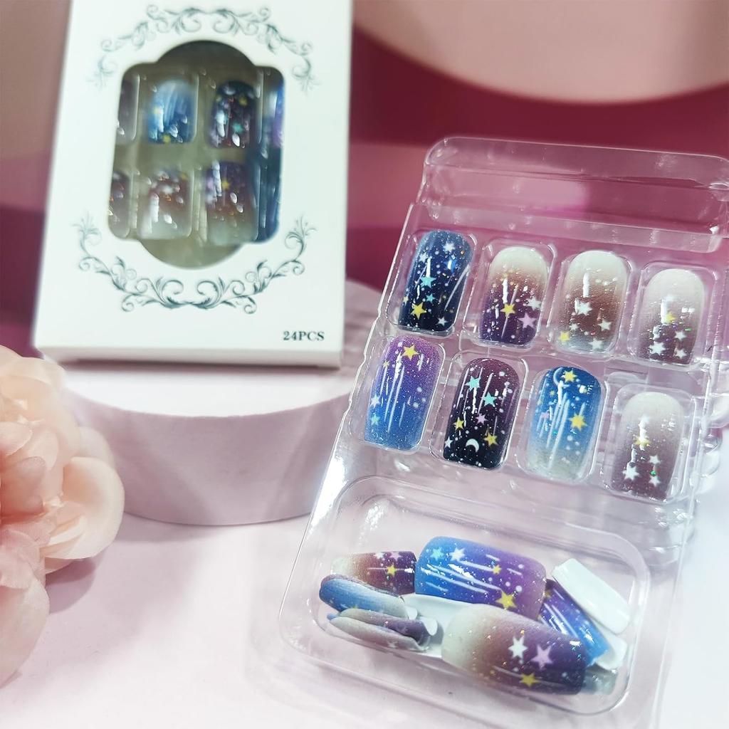 24Pcs Moon Star Press on Nails Glossy Purple Gradient Stick on Nail Medium Square Acrylic Full Cover False Nail Stars Sky Fake Nails Meteor Gel Glue