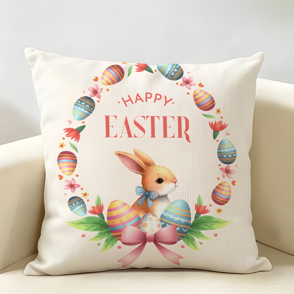Happy Easter Rabbit Cute Cushion Cover Natural Linen Organic Fabric DoubleSided Printing Room Sofa Decor Pillow Case