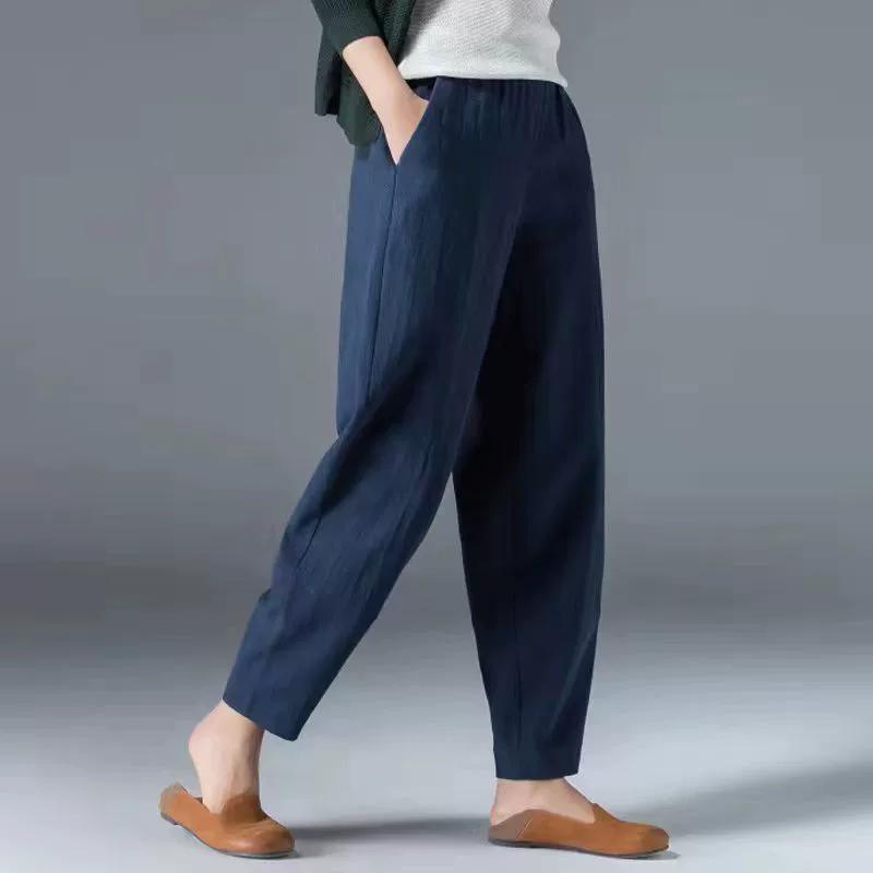 Women's Baggy Pants Cotton Linen Wide Leg Trousers Casual Elastic Waist Patchwark Harem Pants