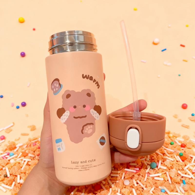 380ml Stainless Steel Thermos Vacuum Flask Creative Straw Cup Cute Thermal Insulation Water Bottle Practical Gift About