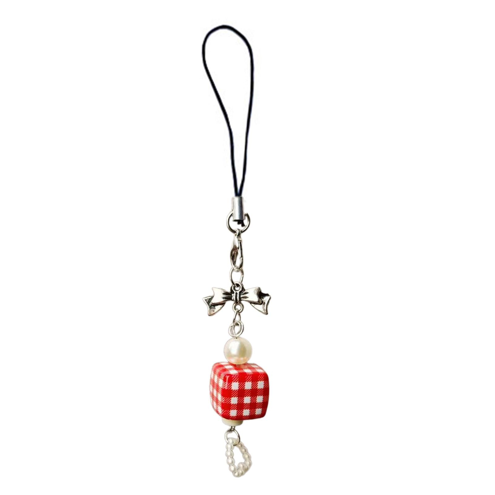 

Sweet Strawberry Cube Bowknot Charm Pendant Chain Phone Strap Pocket Keychain Strap Hanging Decoration for Keys Bag 2
