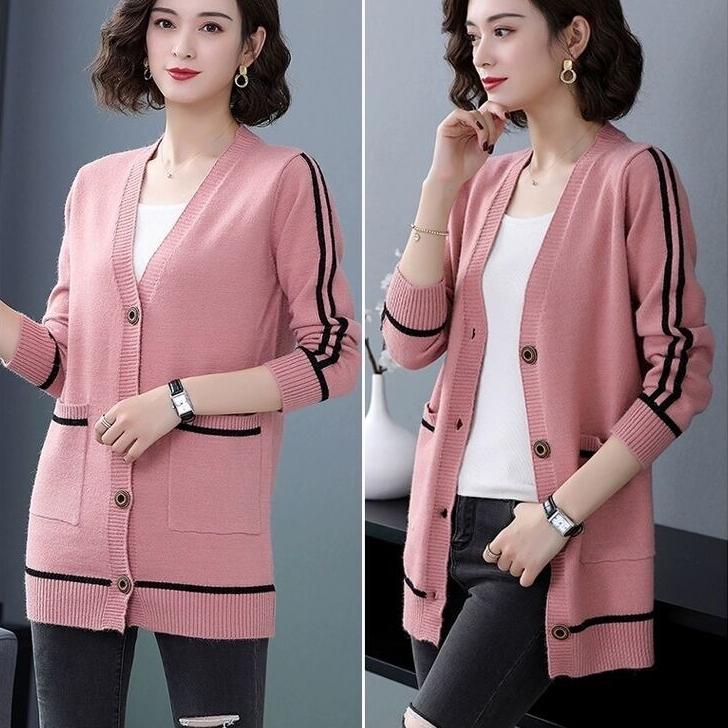 Dzianinowy sweter kardigan dla kobiet na jesień i zimę z dekoltem w serek, dzianinowy płaszcz, luźny sweter płaszcz o średniej długości