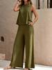 Elegant Solid Color Two-Piece Set: Crew Neck Tank Top & Wide-Leg Pants - Women's Clothing 2026