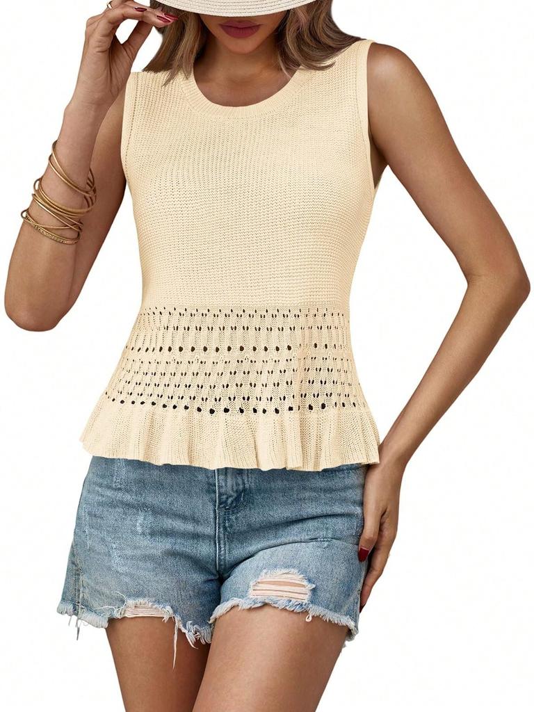 Women's Boho Crochet Crop Tank Top Sleeveless Crew Neck Ruffle Knit Sweater Vest