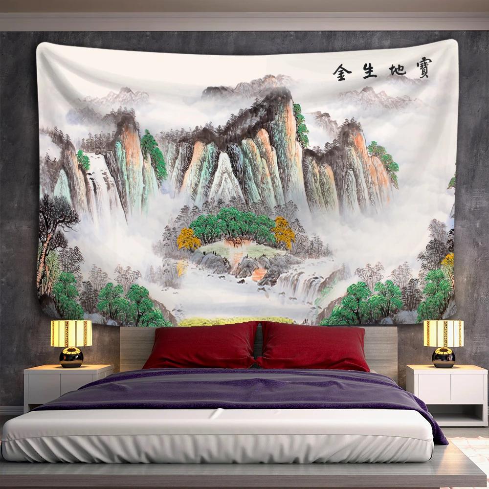 Sunset Mountain Forest Tapestry Wall Hanging Japanese Illustration Bohemian Witchcraft Hippie Mandala Home Decor