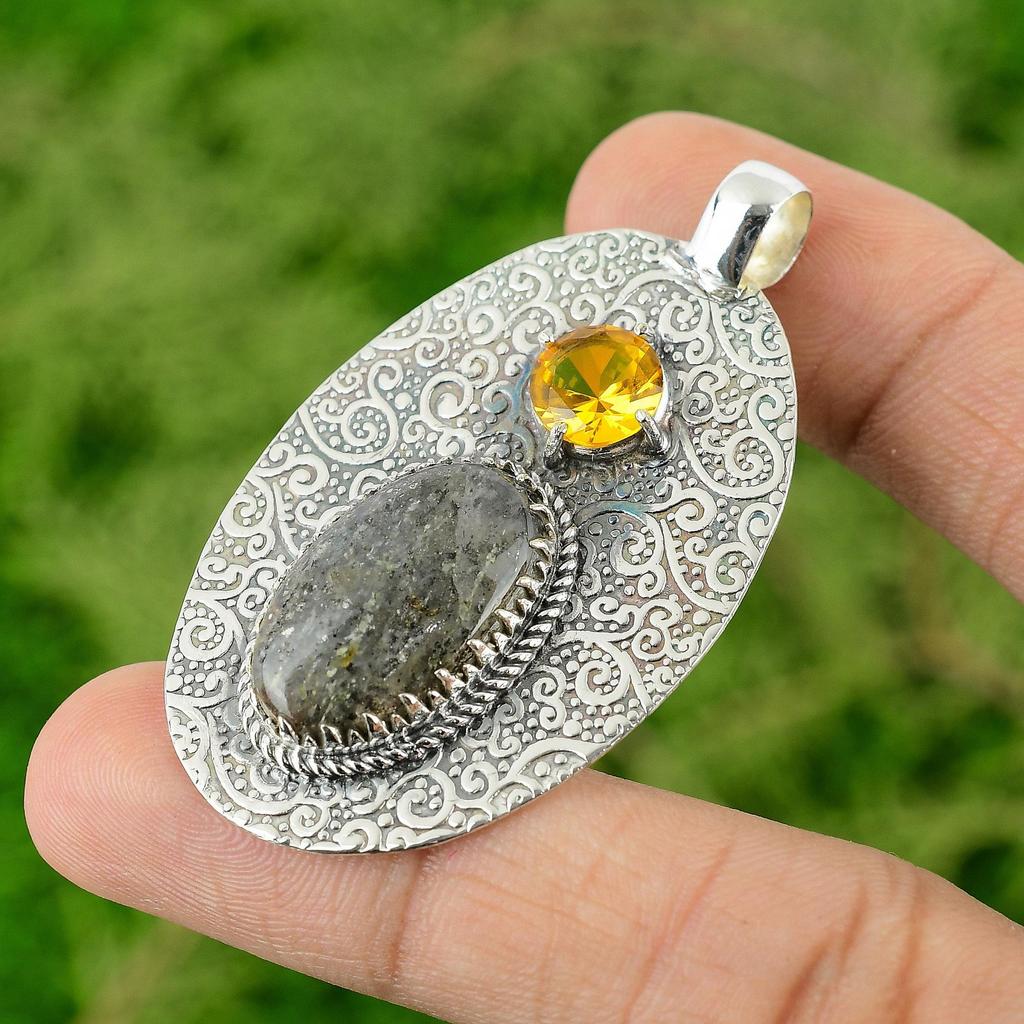 Daughters Day Sale Natural Black Sunstone Citrine 925 Sterling Silver Pendant