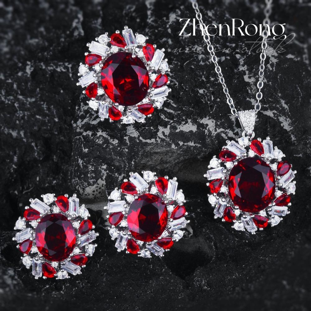 

Women Jewelry Set Exaggerated Pigeon Egg Zircon Pendant Red Gemstone Earrings Open Ring Necklace