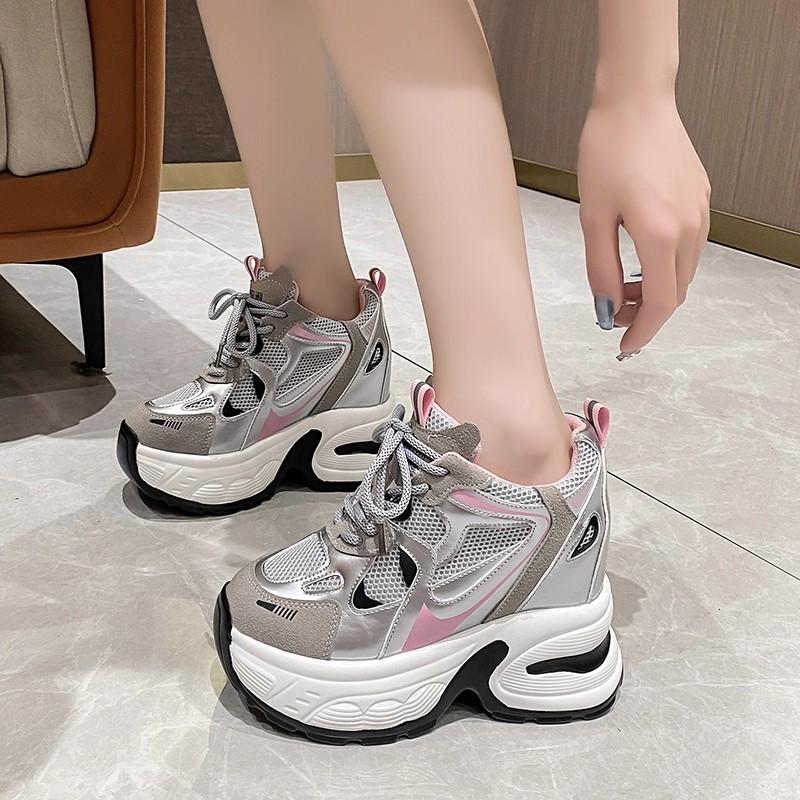 High Platform Casual Lace-up Sneakers for Women 2025 Fashion Designer Lightweight Breath Mesh Leather Thick Heel Sport Dad Shoes