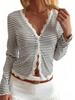 Women Striped Lace Splicing Long Sleeve V Neck Knit Button Cardigan Top