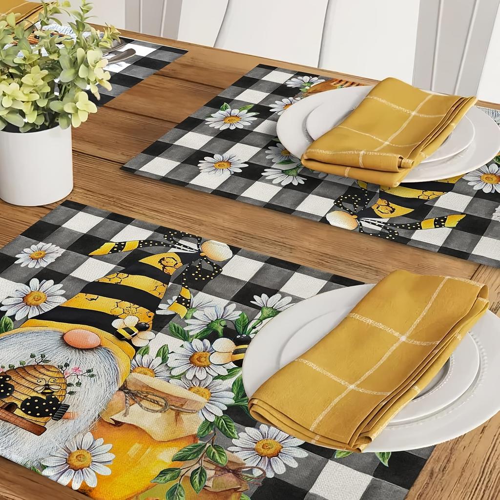 Set mit 4 Frühlings-Bienen-Gnom Gänseblümchen-Plaid Tischsets, Leinen gewebte rechteckige Tischmatten, nur Handwäsche, für Bauernhaus-Küchendekor, Esszimmerdekor