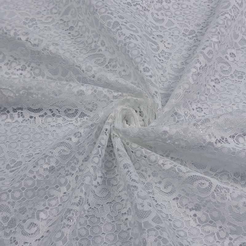 Tejido de encaje de poliéster no elástico de malla jacquard plateada para ropa de mujer y niños.