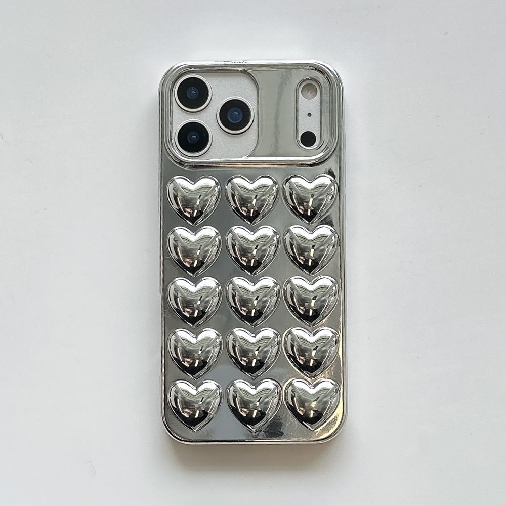 

Silver 3D Heart Phone Case For iPhone 17 Air 16 15 14 13 12 11 Pro Max Electroplated Shockproof Soft Silicone Cover iPhone Air