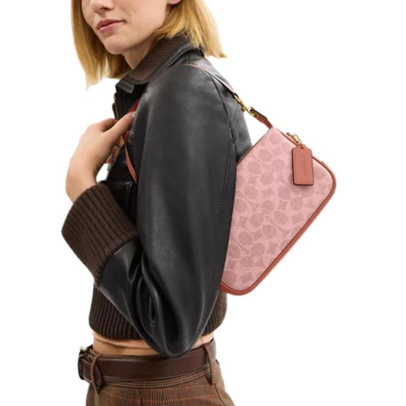 COACH Plaza 21 Printed Design Gold Chain Hardware Coated Canvas and Calfskin Shoulder Bag Small Women’s Melon Pink