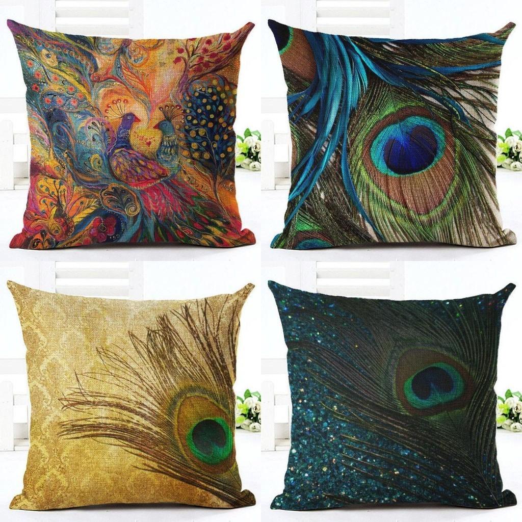 Luxuriöser Kissenbezug aus Leinen in atemberaubendem Pfauendesign für Sofa und Schlafzimmer