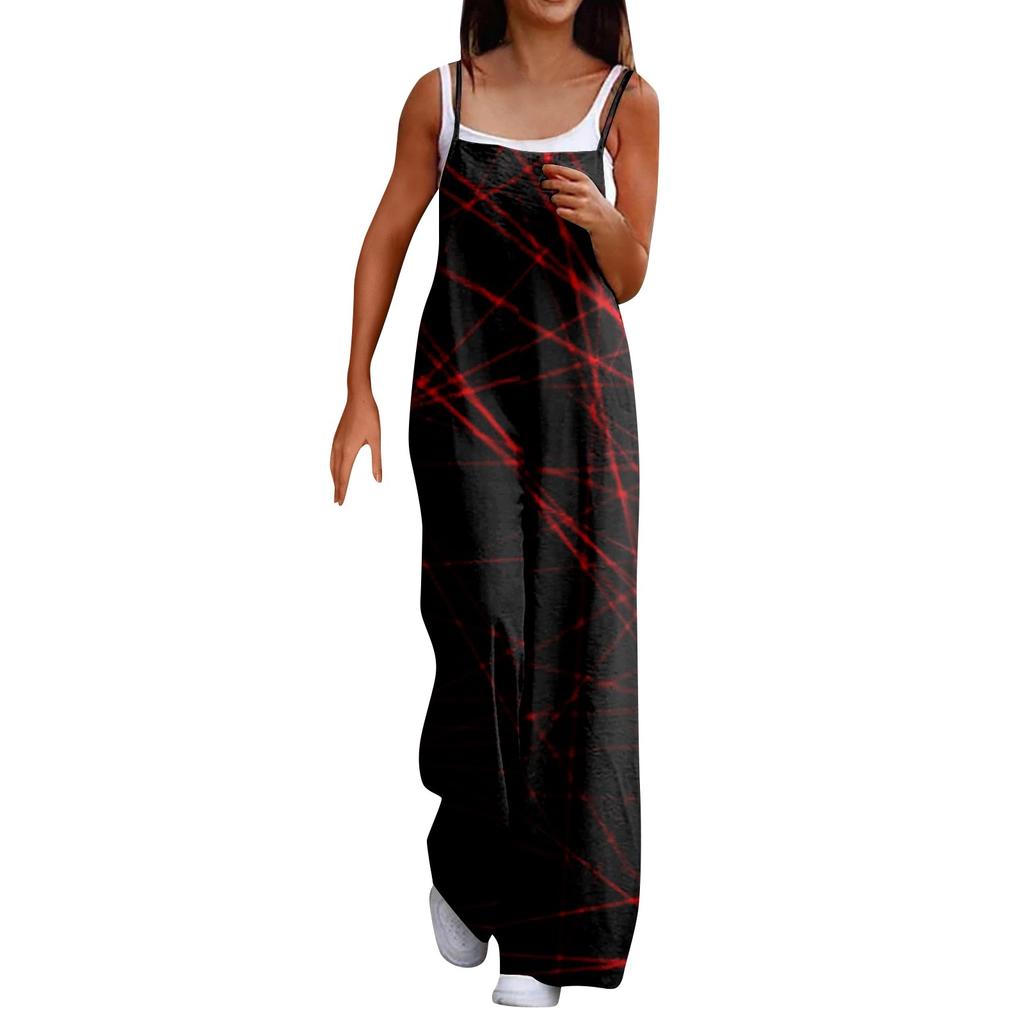 Overaly se širokými nohavicemi pro ženy Ležérní Volný Potisk bez rukávů Knoflík Dlouhé kalhoty Overal s kapsami