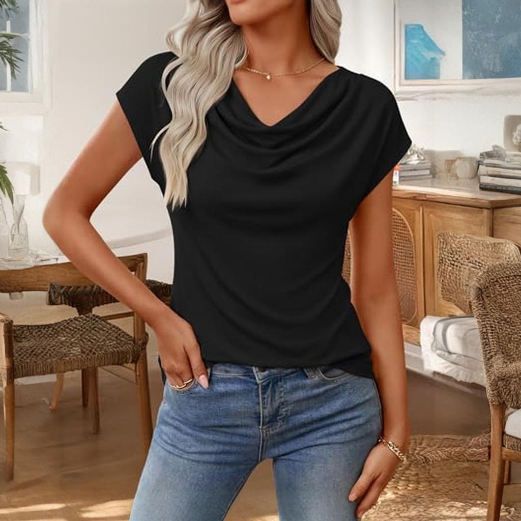 Women's Summer Business Casual Cowl Neck Knit Short Sleeve Tops
